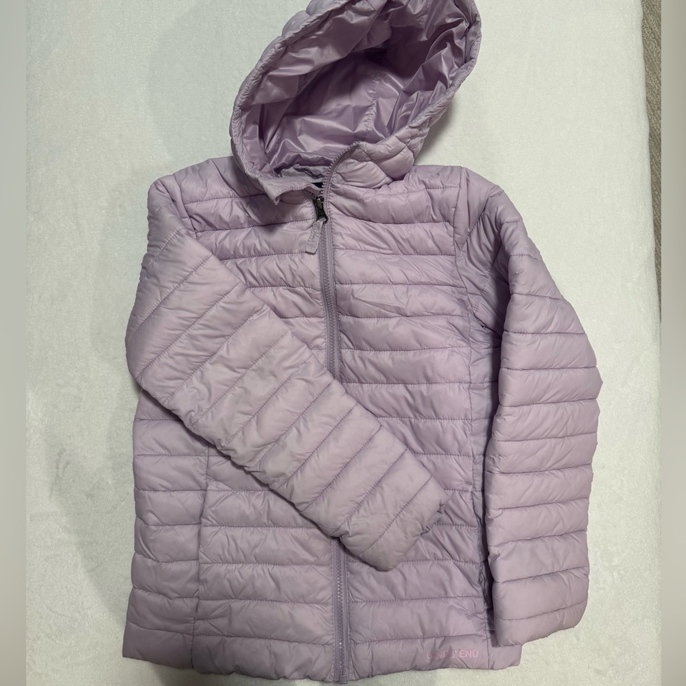 Large Girls Lands End Lavender Puffer Jacket with Hood